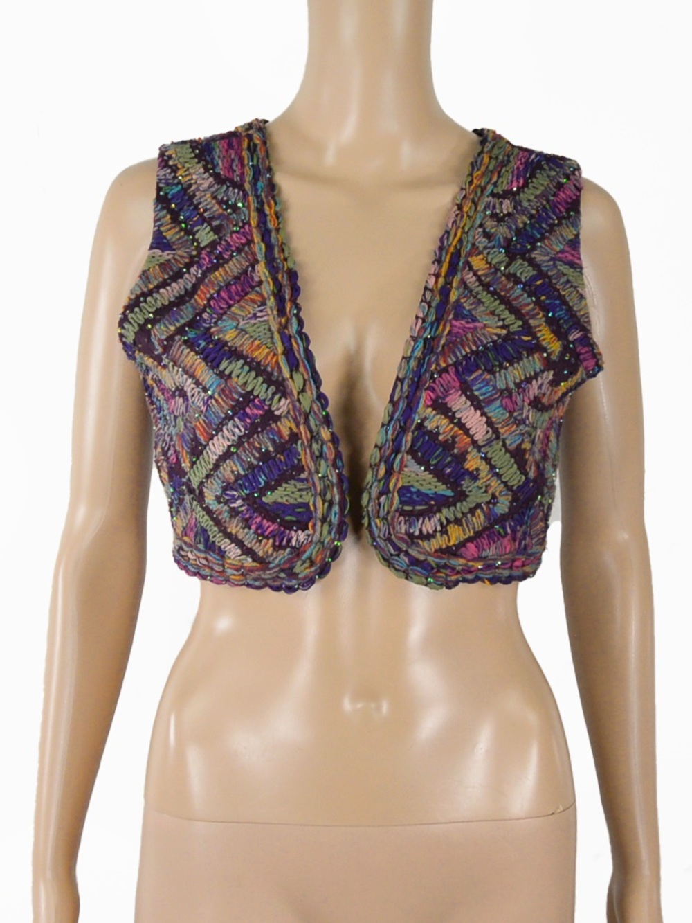 Vintage Textured Embroidered Whimsical Boho Chevron Embroidered Crop Vest Open